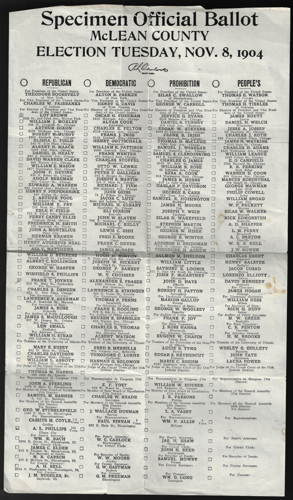 Lg 1904 Illinois Prez Ballot GOP TR Demo Parker Prohib Swallow & Peoples Watson!
