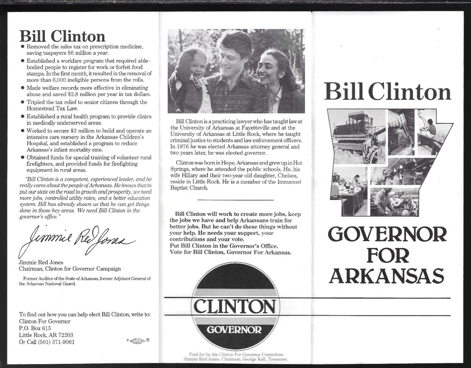 1982 Bill Clinton For Arkansas Governor 3-Fold Pamphlet See Two Year Old Chelsea