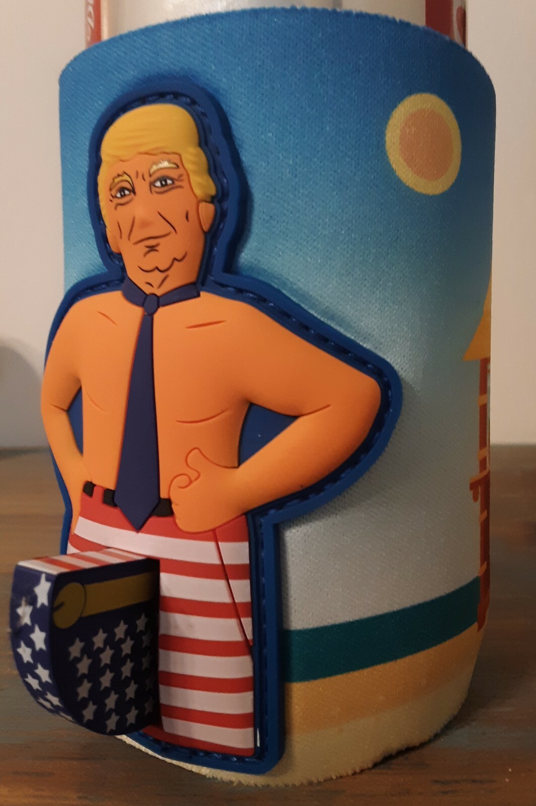 President Trump 2024 Can Koozie Salute w Flag Pole In Pants Red White Blue Flag