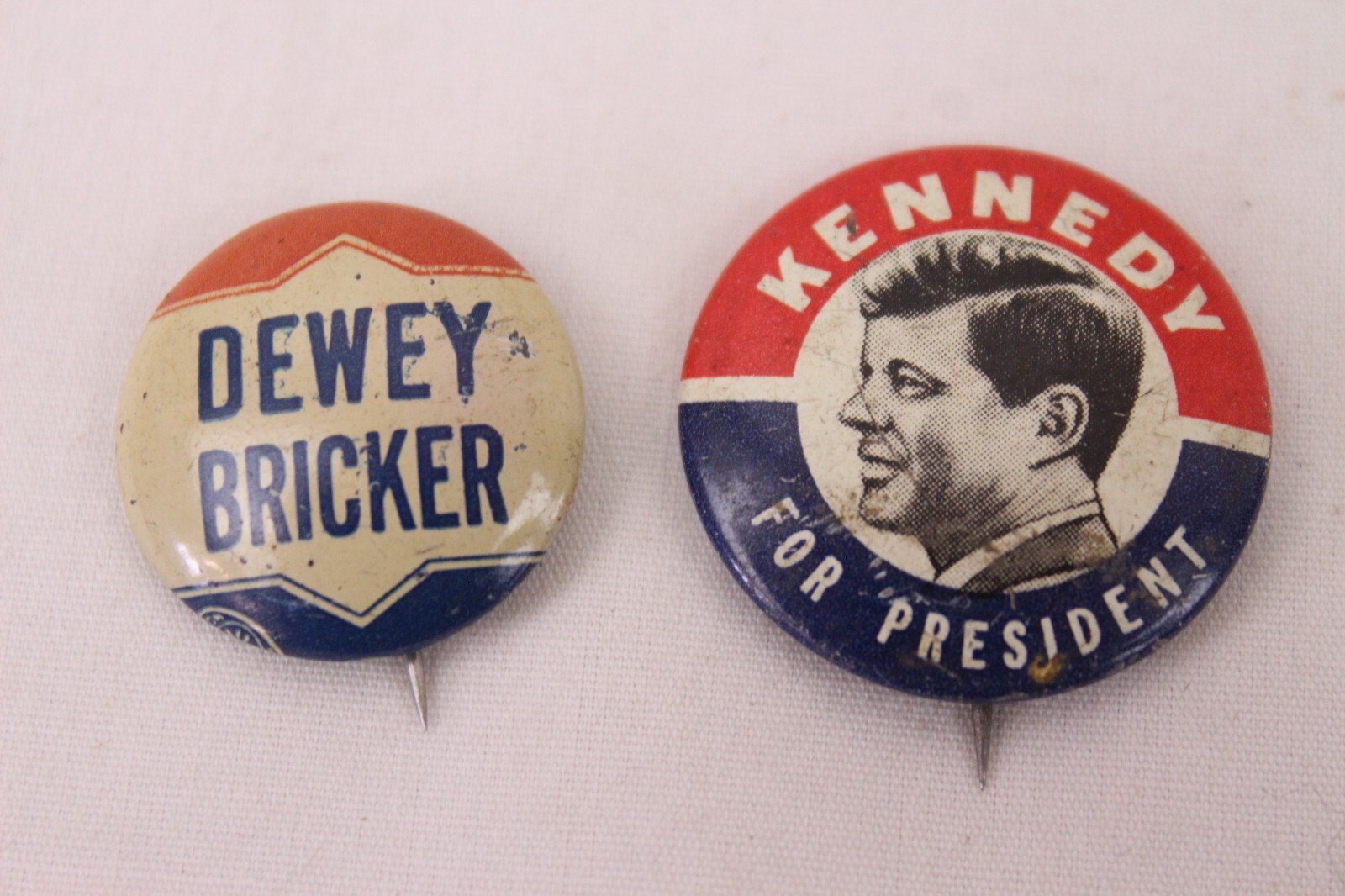 2 Vintage Campaign Presidential Button Pin Lot Dewey Bricker Kennedy JFK Bastian