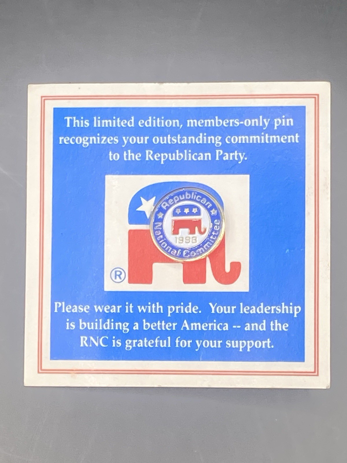 RNC Limited Edition Pin 1998 Republican National Committee, With Paperwork