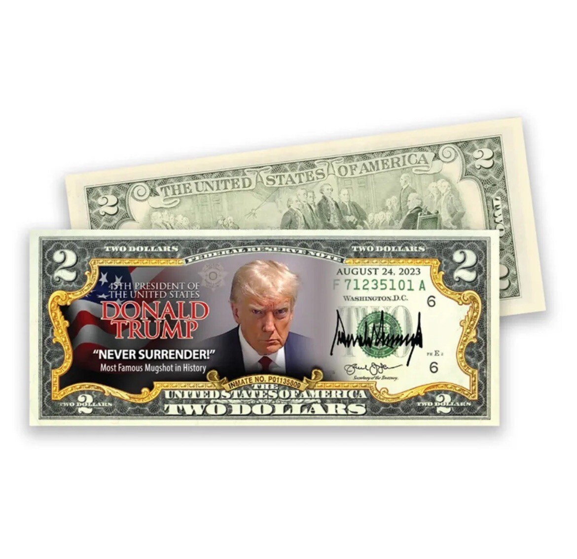 Trump Never Surrender Colorized Mugshot $2 Bill Uncirculated
