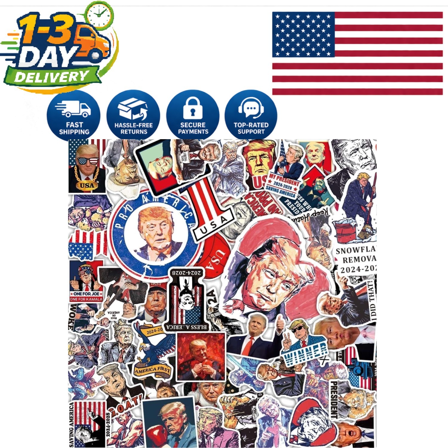 High-Quality Cartoon Trump Stickers – 100-Pack for Cars, Bottles, and Devices