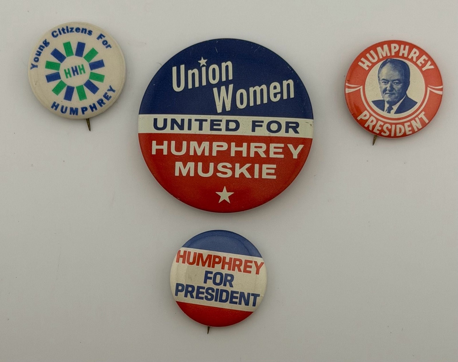 Humphrey Muskie 1968 Button Lot (4) Union Women Portrait Litho Vintage Pins