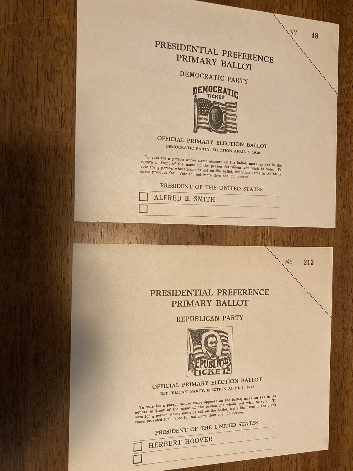 2- 1928 Presidential Primary Ballots Herbert Hoover & Alfred E. Smith