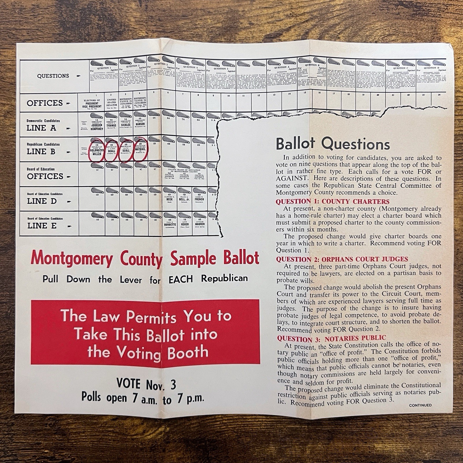 1964 Barry Goldwater Miller Montgomery County MD Republican Sample Ballot