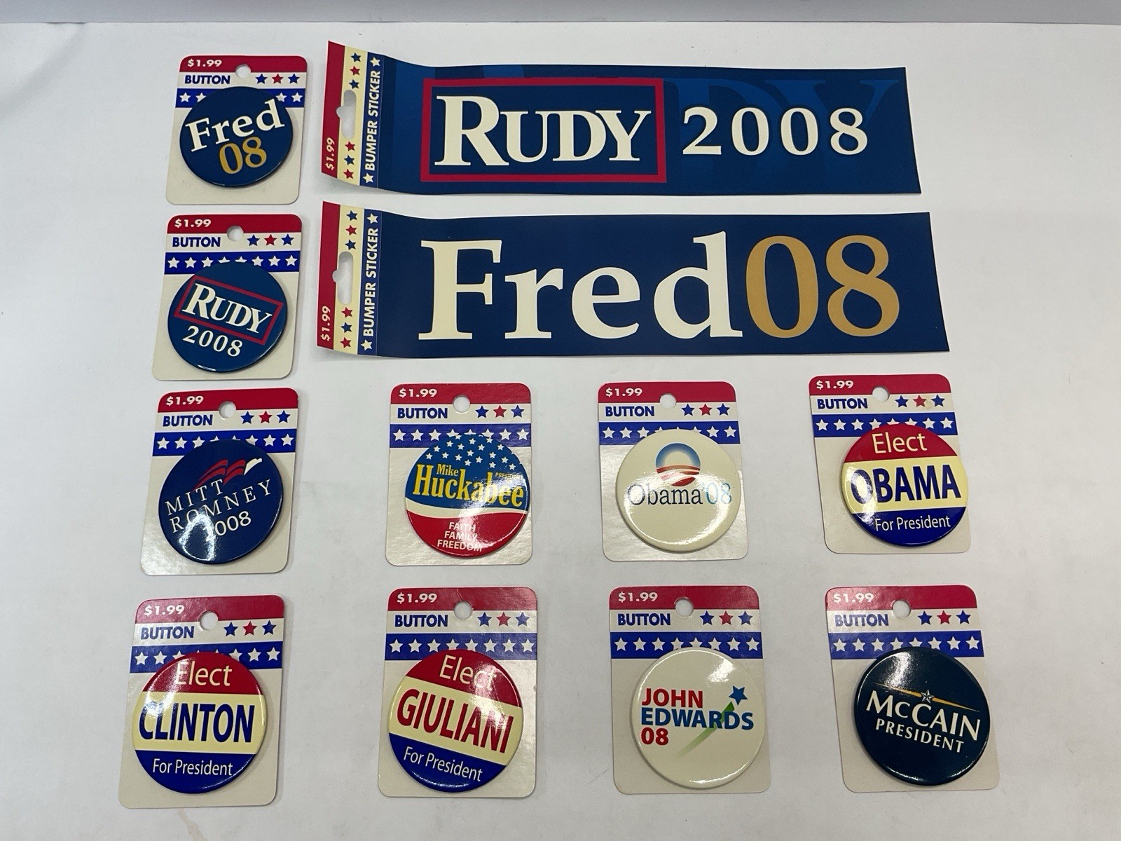 2008 Election Mixed Lot Of 12 Novelty Inc. Campaign Buttons & Bumper Stickers