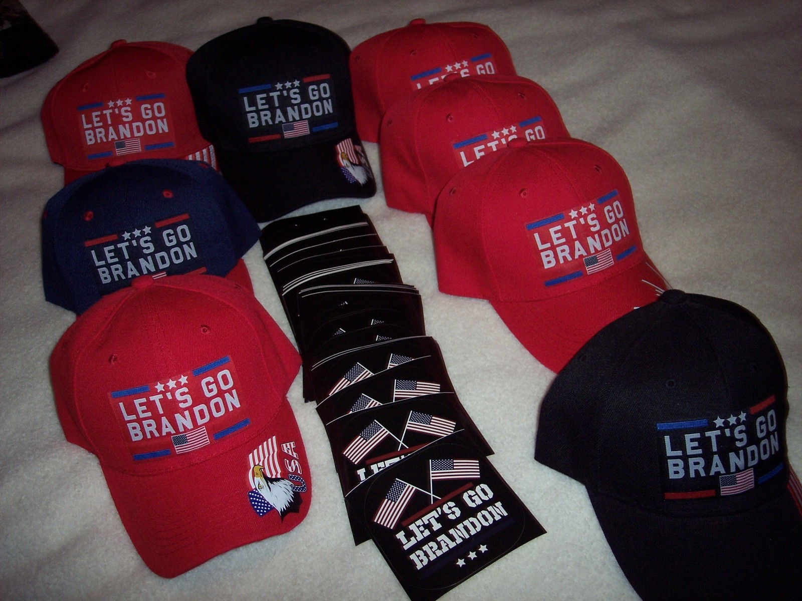 8 Lets Go Brandon Cap Lot + 61 Brandon Decals 4″ x 4″ Joe Biden Hats