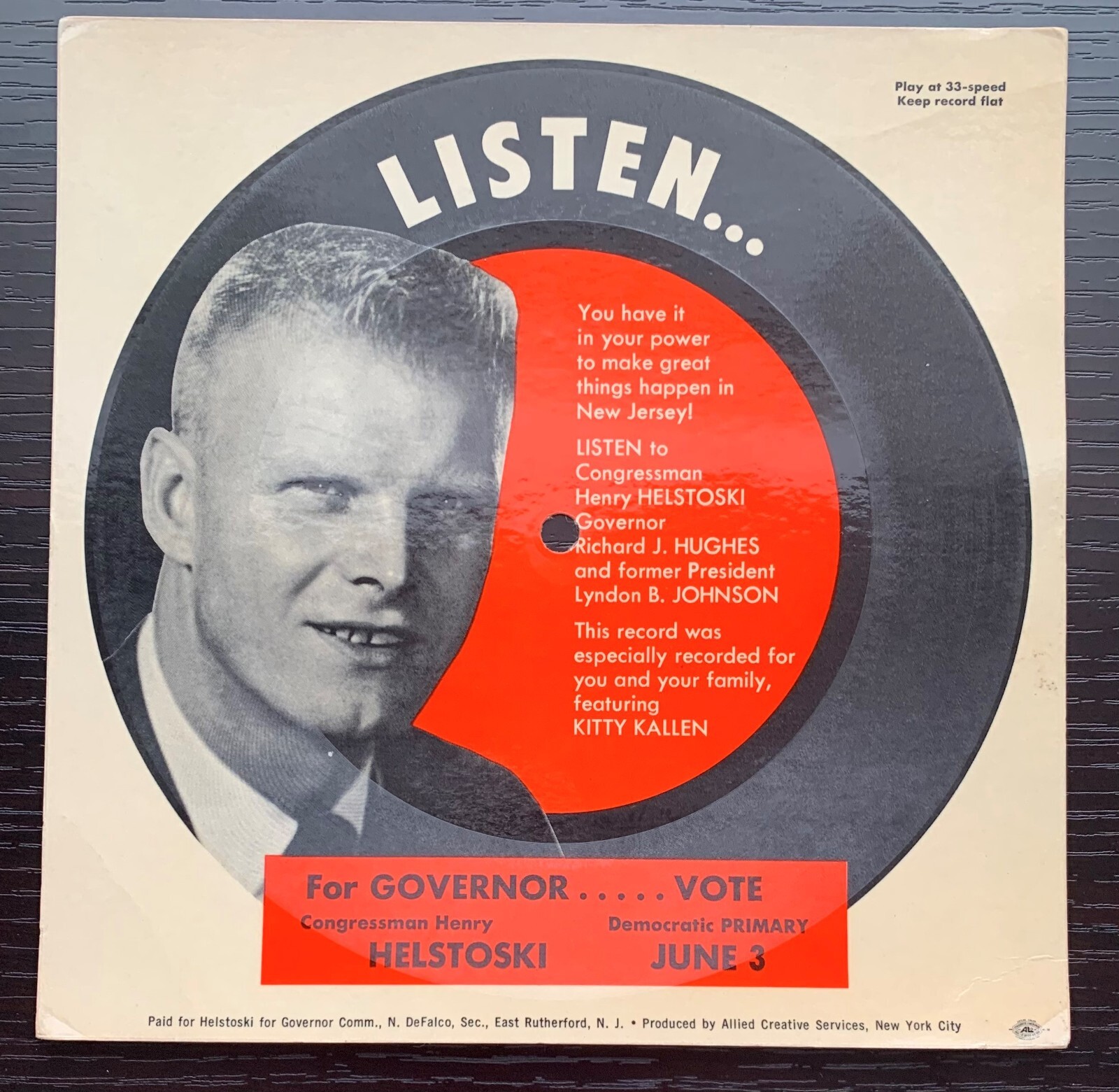 1960’s HENRY HELSTOSKI DEMOCRATIC PRIMARY CAMPAIGN RECORD NEW JERSEY 33 1/3rpm