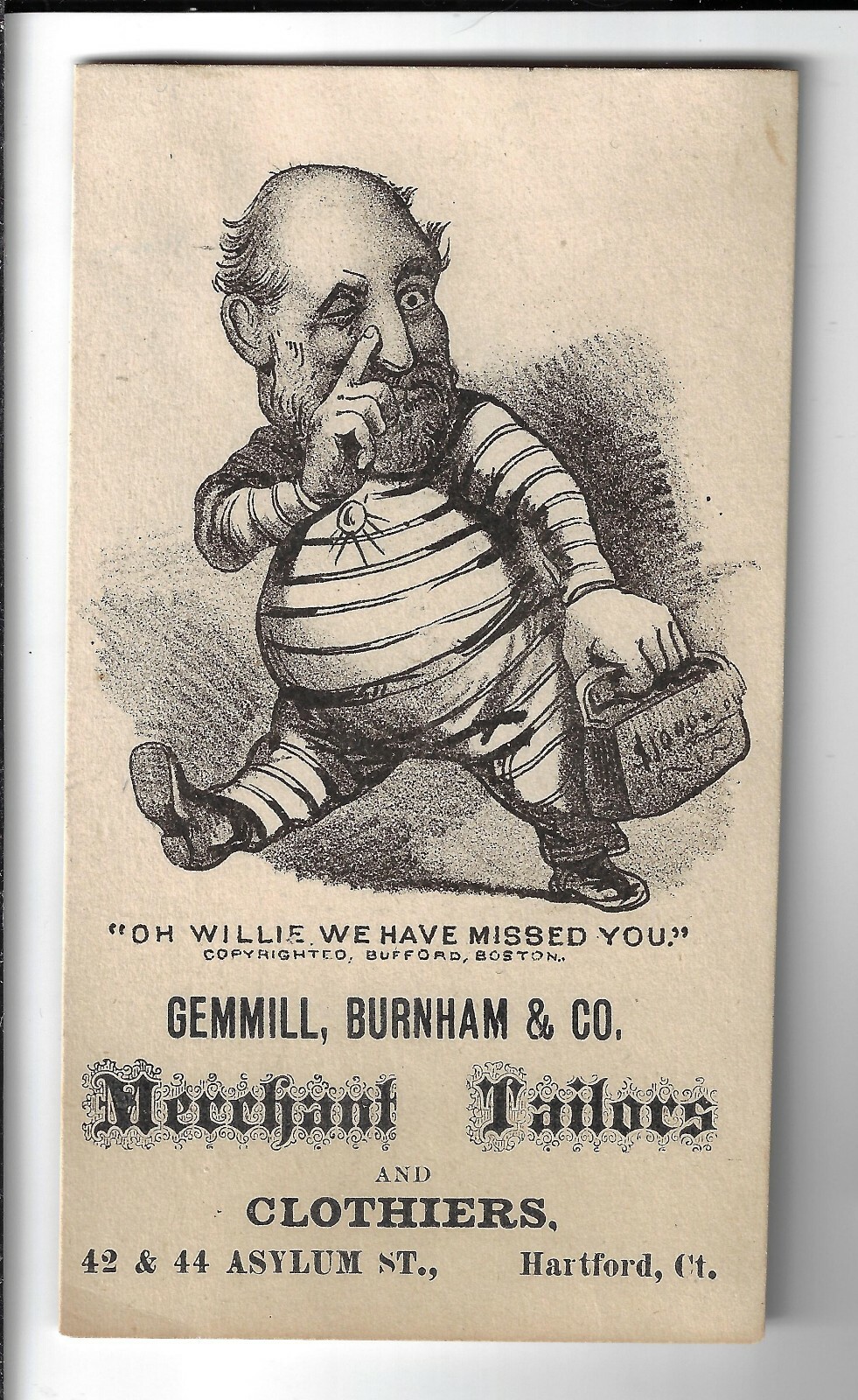 1876 Era William Boss Tweed Jailbird Trade Card On Run W/Loot Hartford CT Tailor