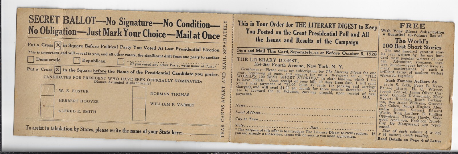 1928 Prez Election Poll Postcard Al Smith Hoover Commie Foster Socialist Thomas