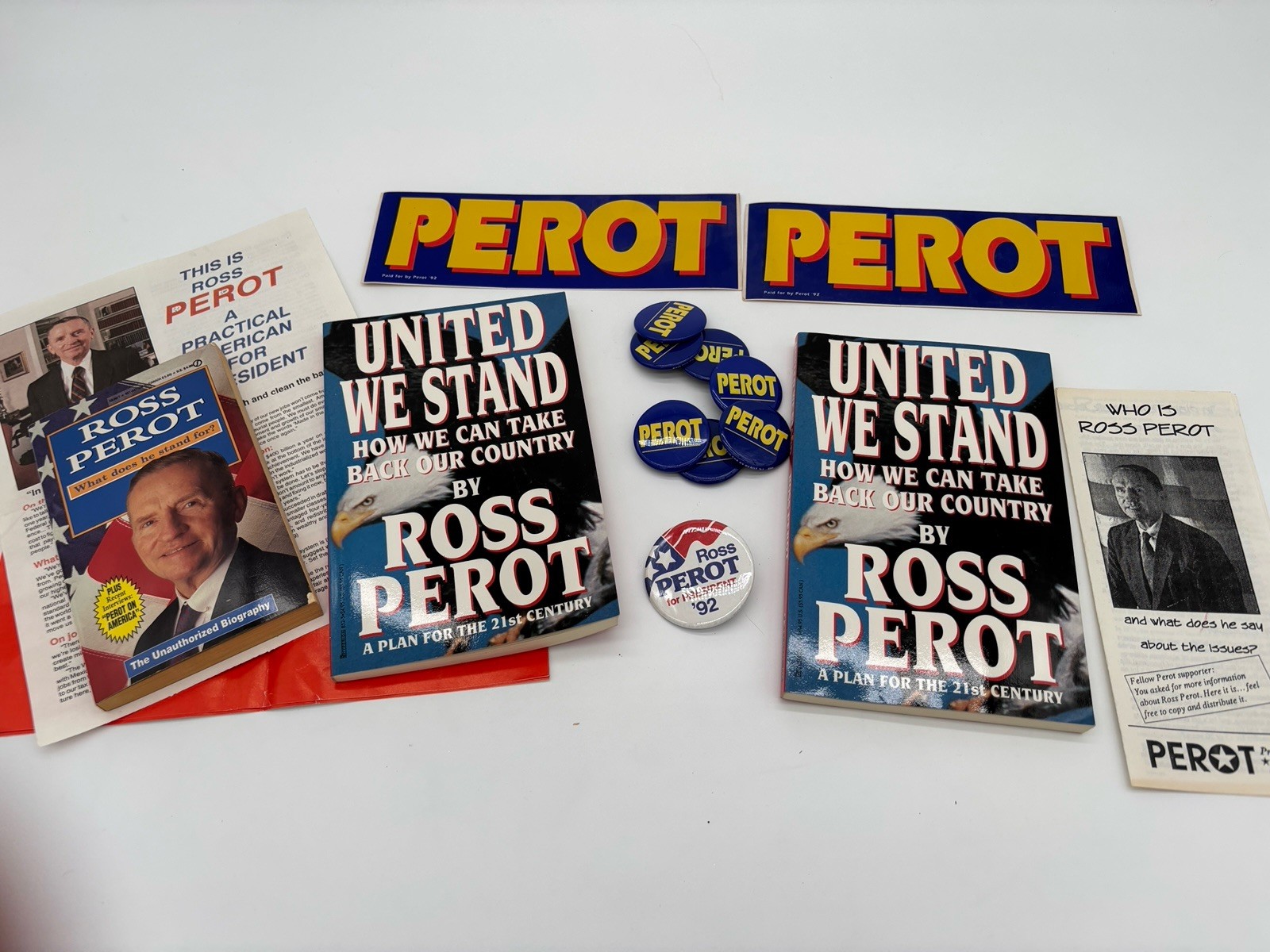 AUTHENTIC Lot of Ross PEROT Political BUMBER STICKERS & BUTTONS & Books