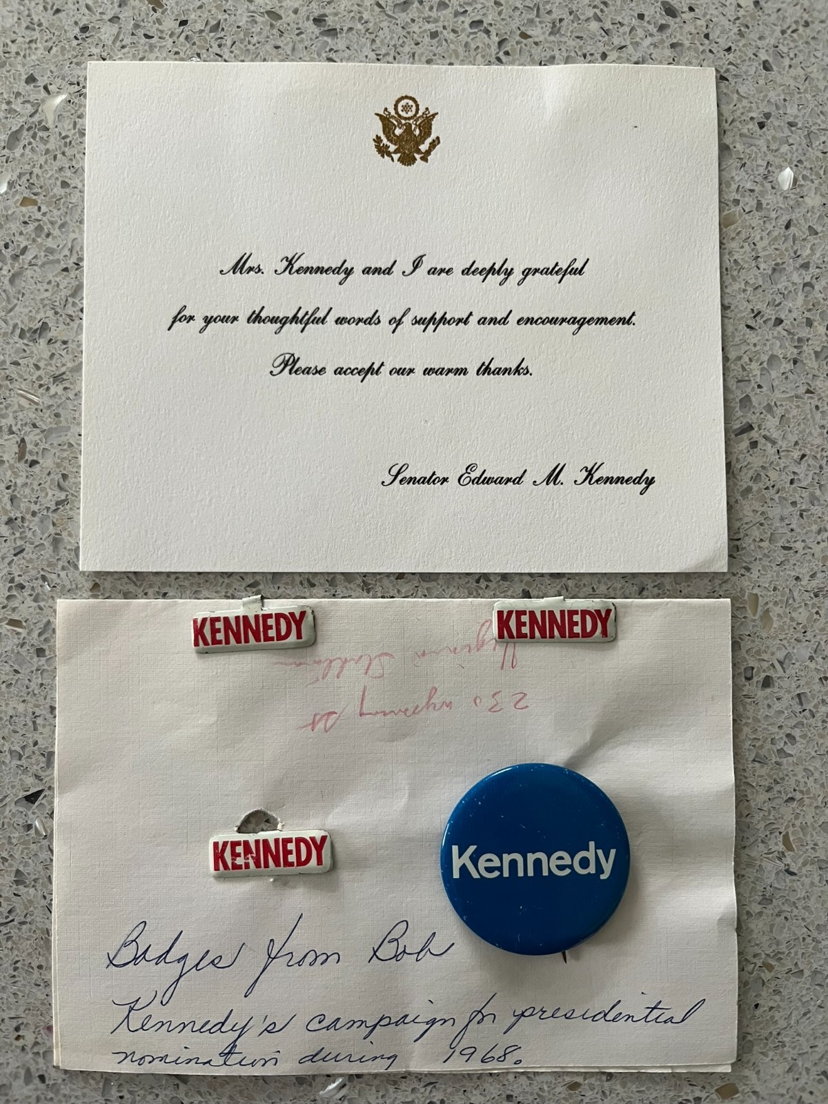 Vintage Ted Kennedy Pinback Button – Thank You Card – 3 lapel pins – 1968