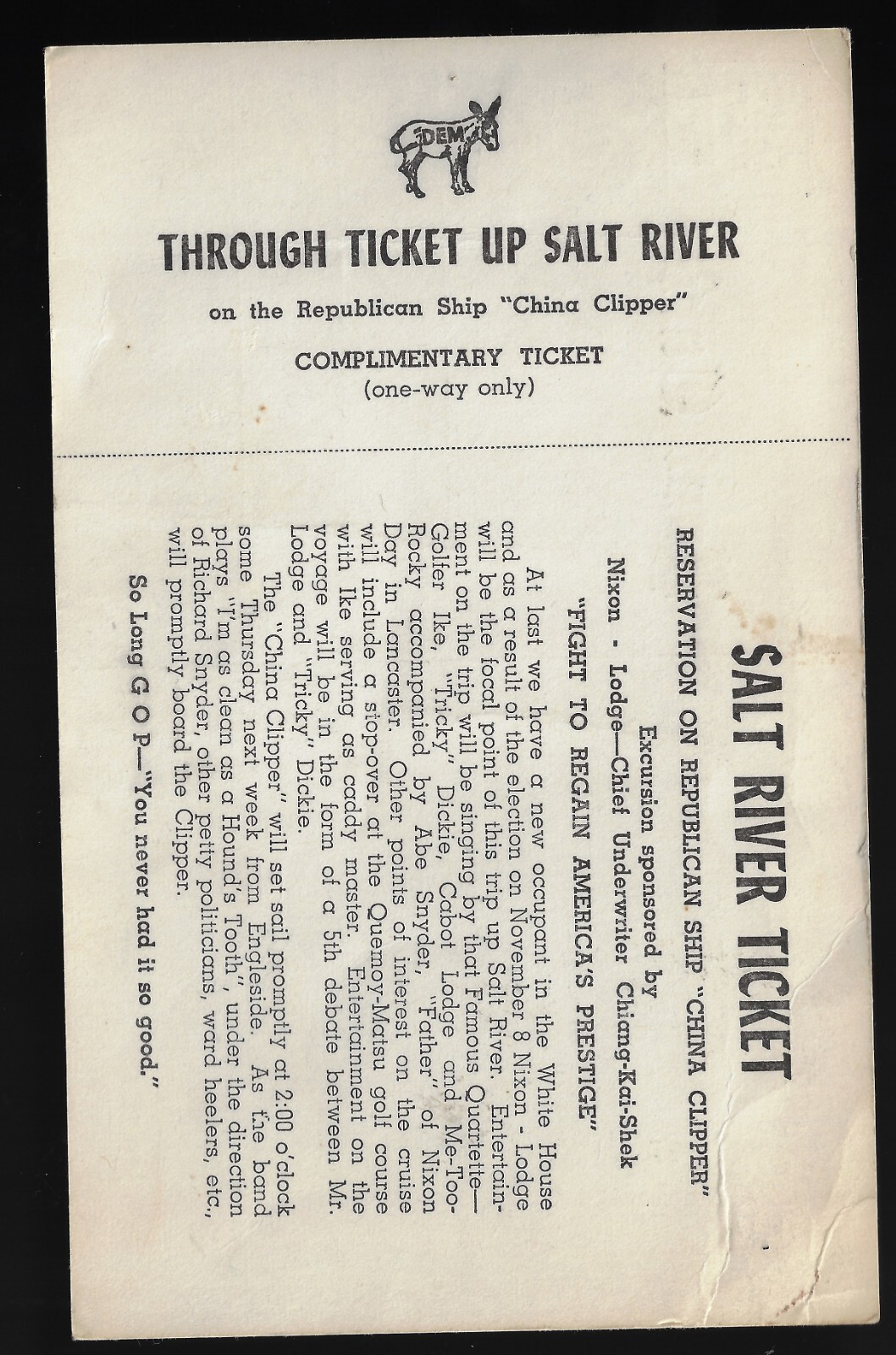 HTF 1960 Nixon Lodge Salt River Presidential Campaign Postcard Clipper Ship Type
