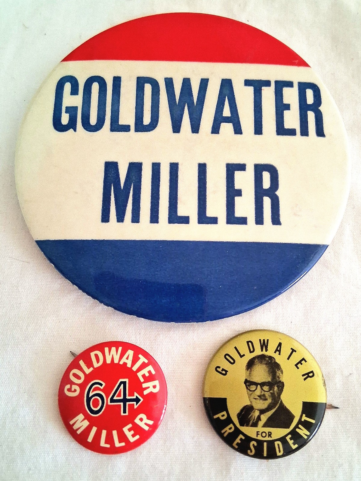 ’64 BARRY GOLDWATER MILLER 3.5″ campaign pin pinback 3 button Lot Political