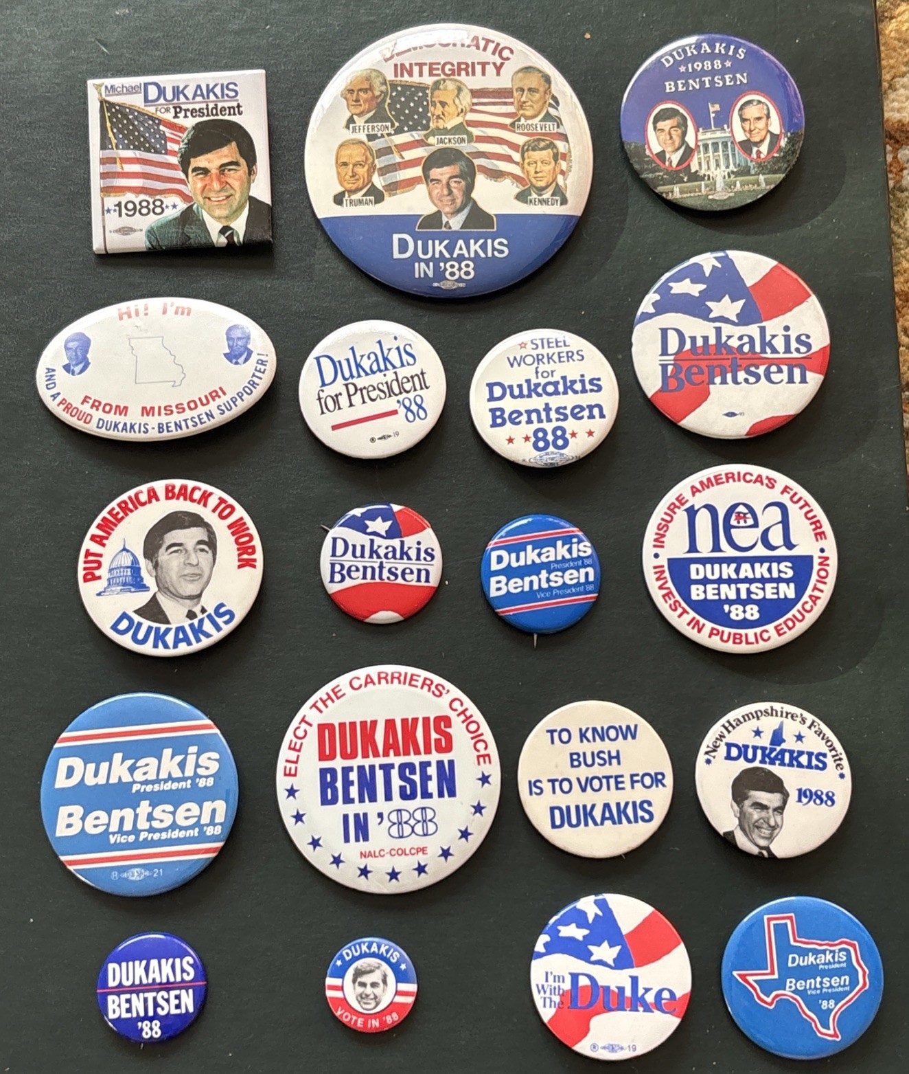 19 Different 1988 Michael Dukakis & Lloyd Bentsen Campaign Buttons Dealer Lot