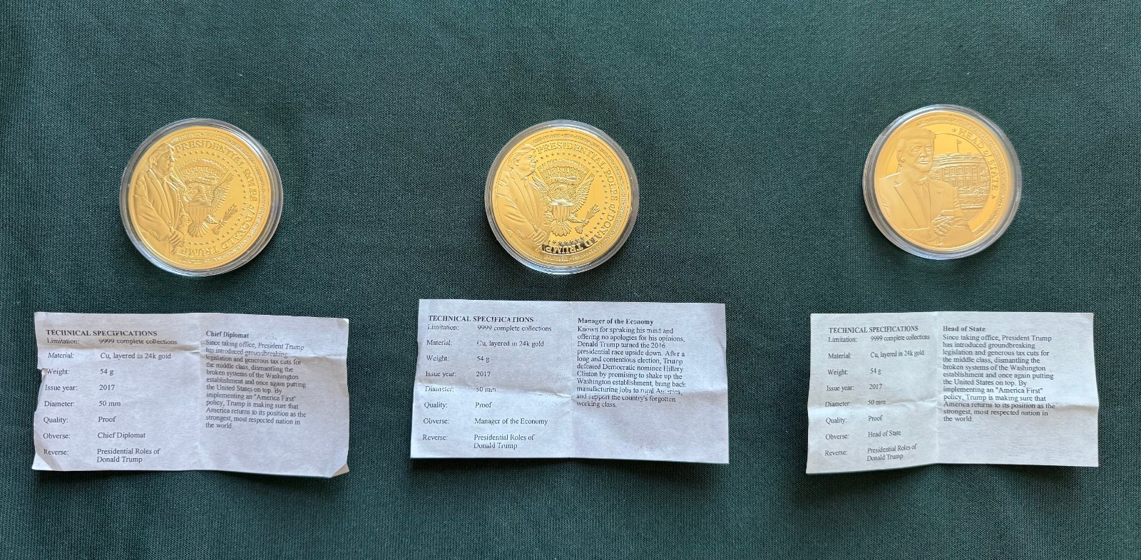Set of 9 Unique Donald Trump Commemorative Gold Clad Coins in wooden case + CoAs