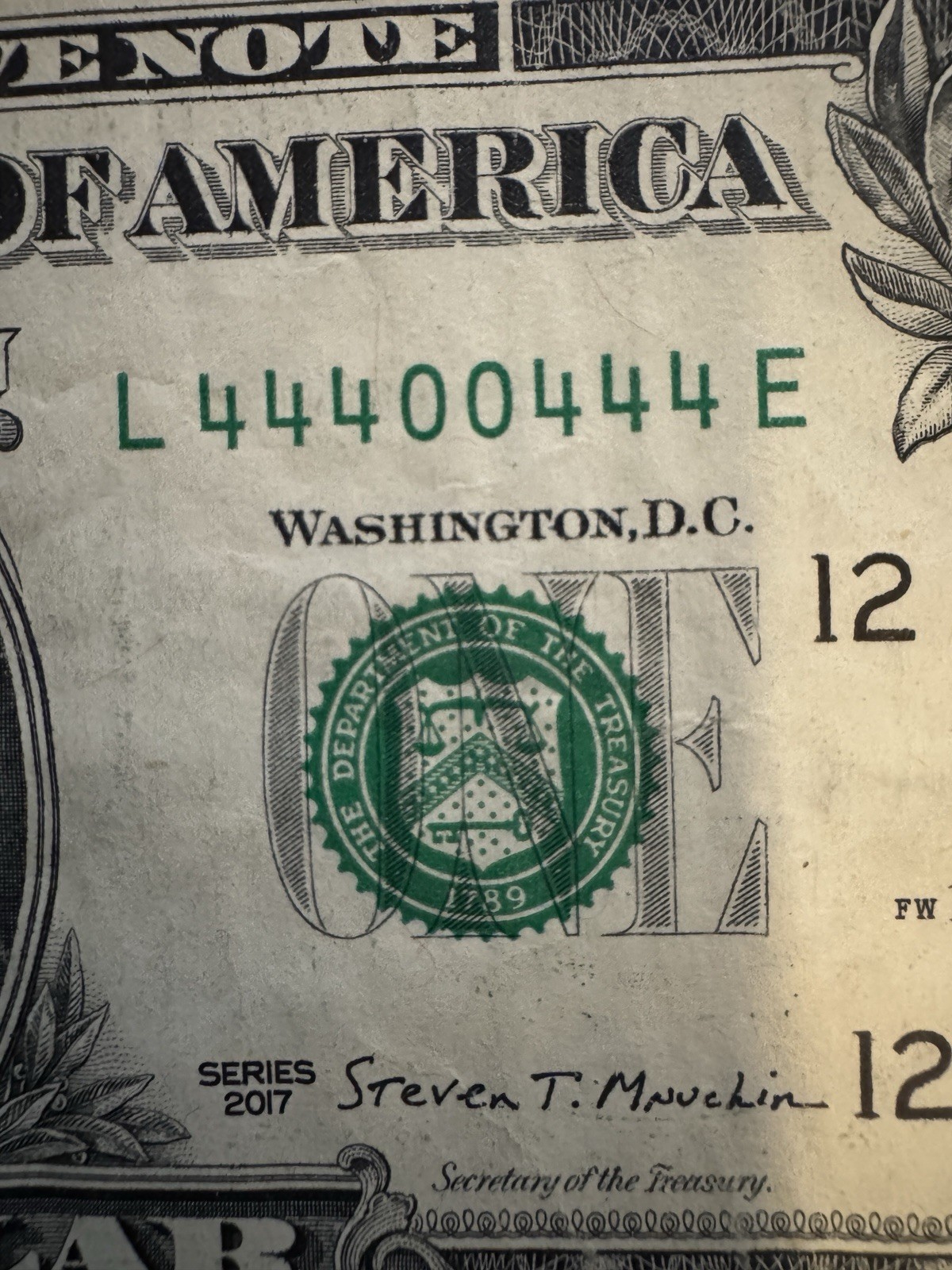 FANCY RARE $1 Binary #L44400444E Repeater Clean and Crisp Serial Number Note