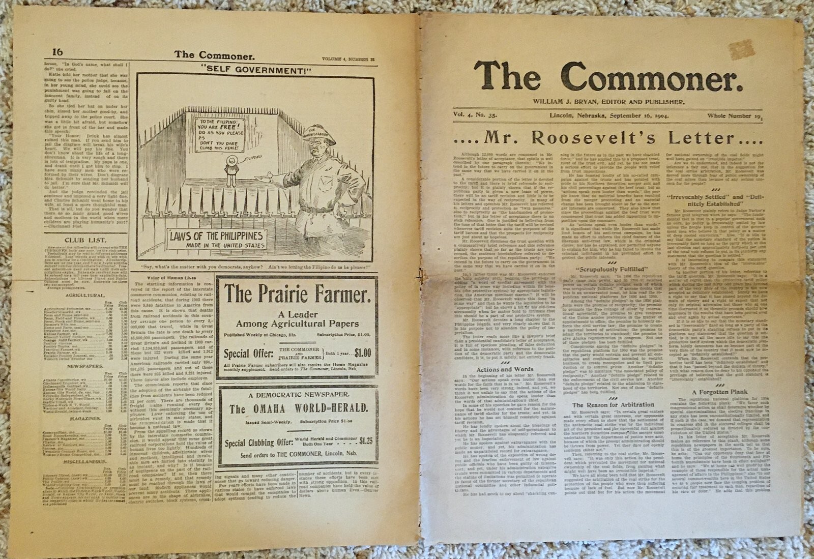 WILLIAM J BRYAN 1904 ANTI-TEDDY ROOSEVELT CAMPAIGN PUBLICATION “THE COMMONER”