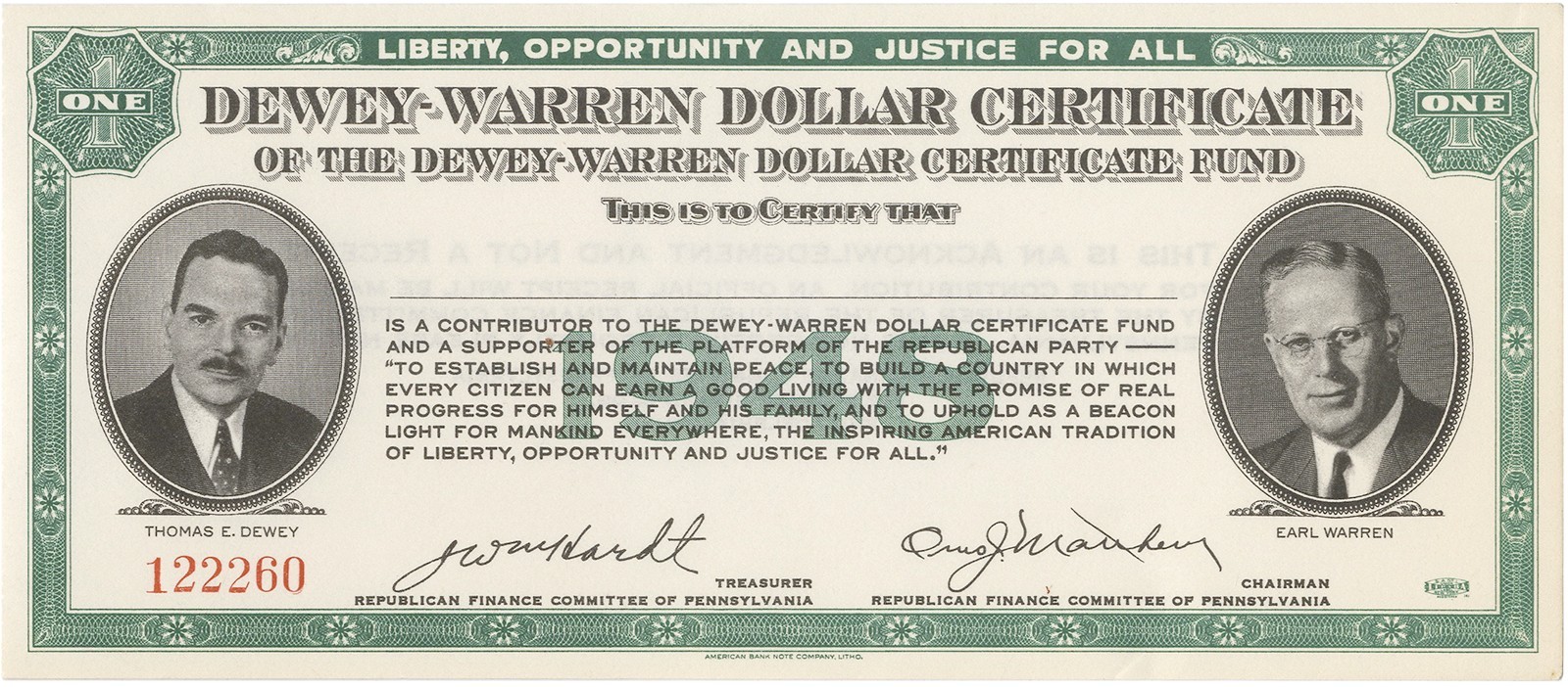 1948 Dewey Warren DOLLAR CERTIFICATE Donor Receipt Blank ~ American Bank Note Co