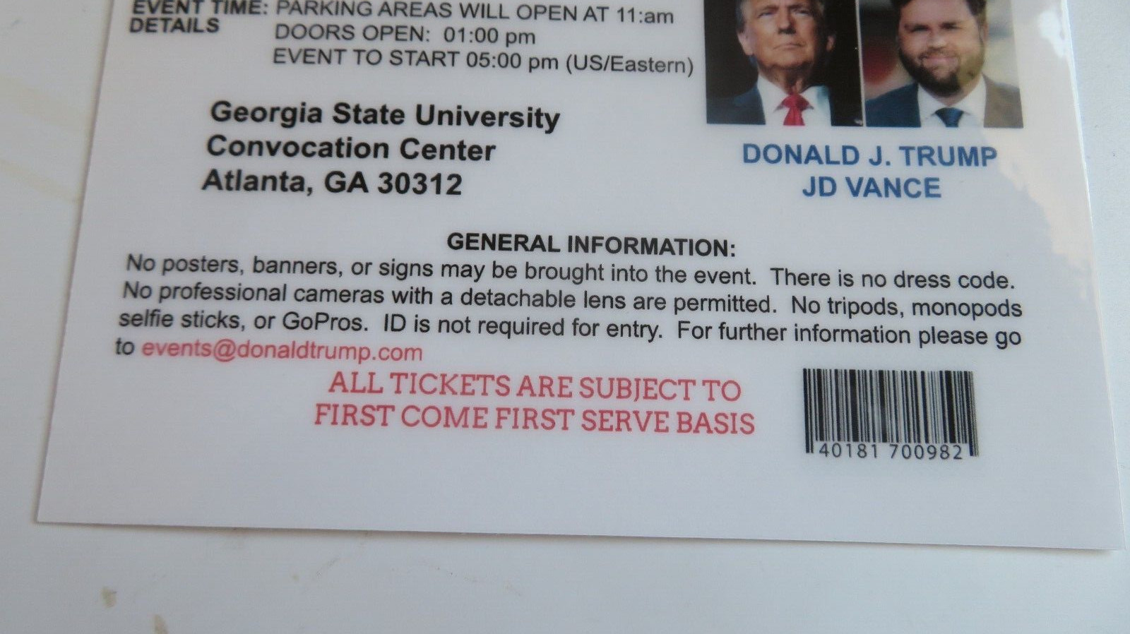 DONALD TRUMP RALLY TICKET, ATLANTA, GA. SAT AUGUST 03,2024 GEORGIA ST UNIVERSITY