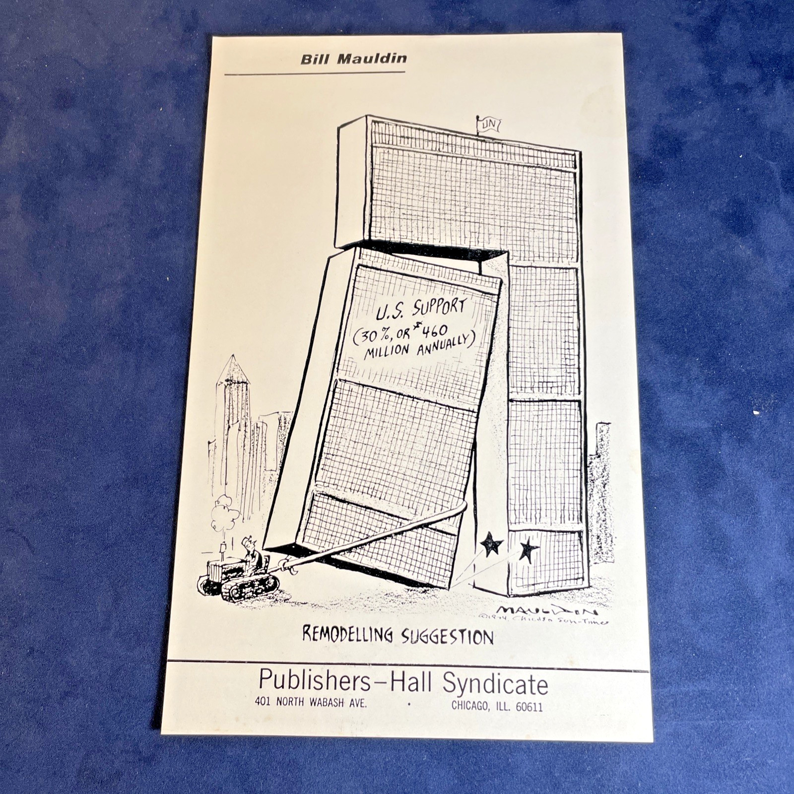 Vintage 1974 Bill Mauldin Editorial Cartoon Press Proof – US Support of UN Rare