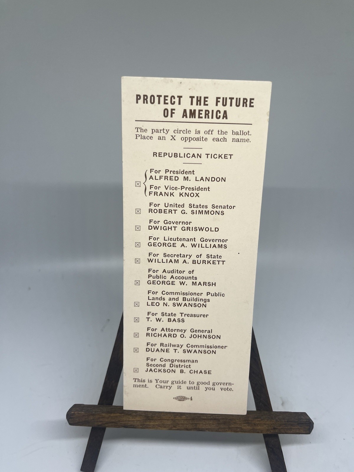 Alf Landon 1936 Poll Card Nebraska Protect The Future Of America Rare!