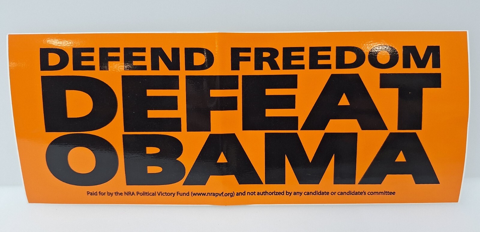 Defeat Obama Defend Freedom 9 ” Bumper Sticker Orange Vintage NRA Political Ad