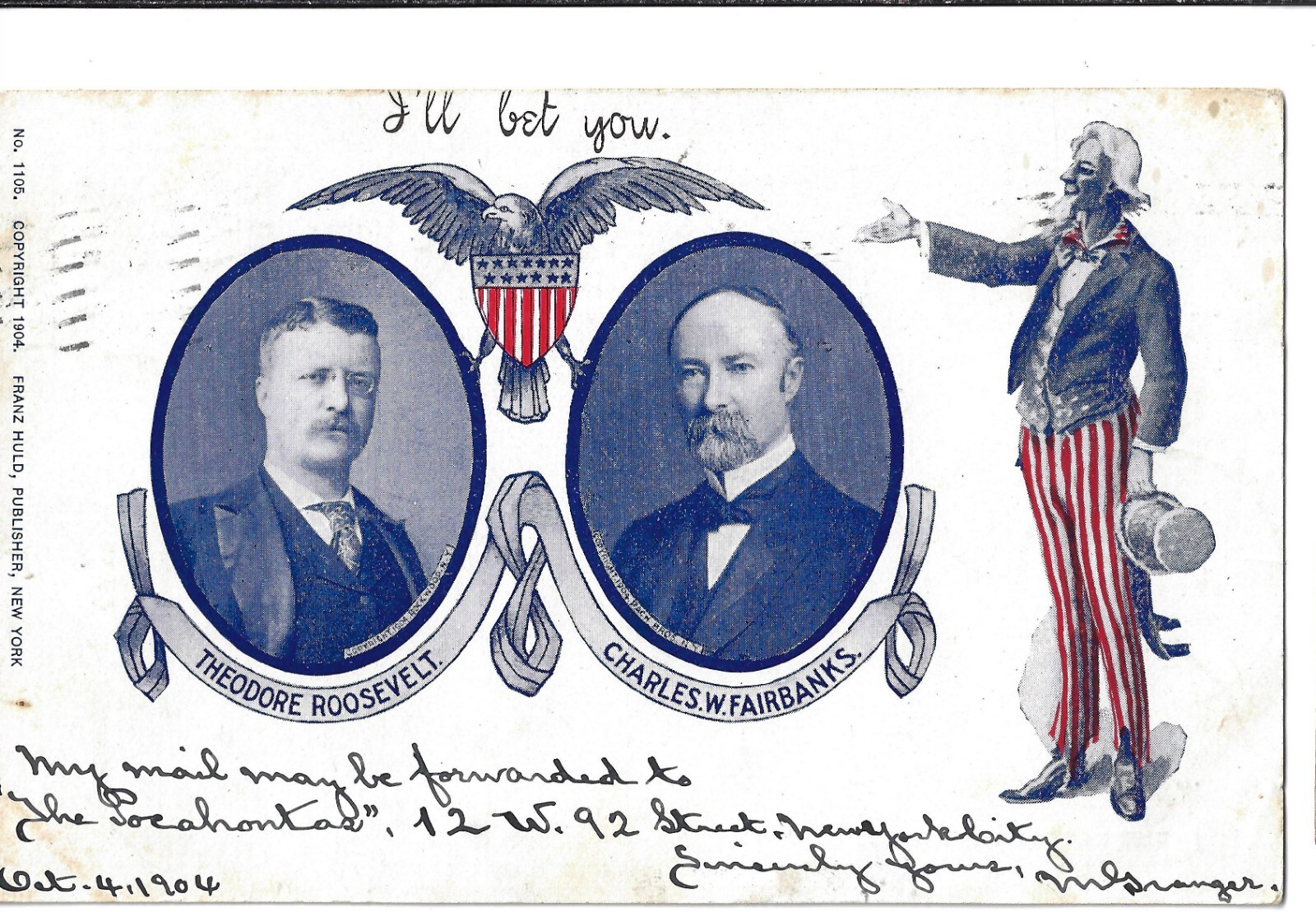 1904 Uncle Sam Teddy Roosevelt Charles Fairbanks Jugate Prez Campaign Postcard C