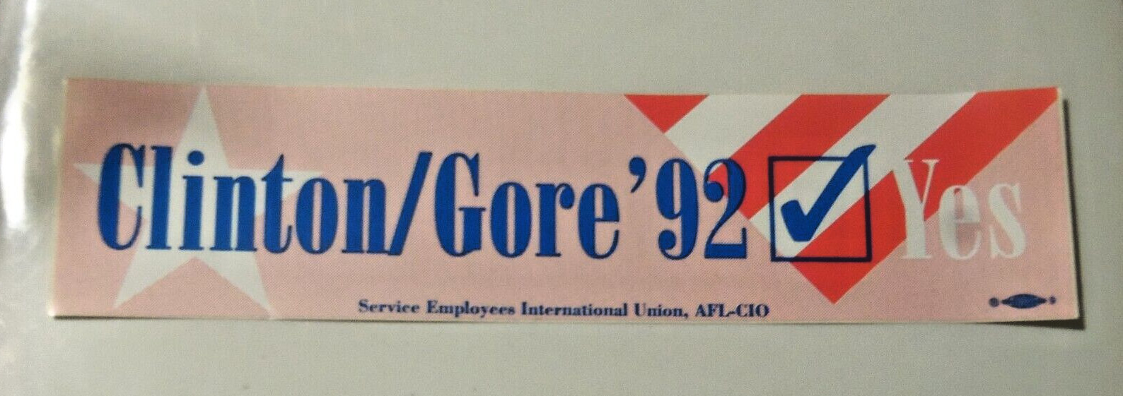 “Bill Clinton/Gore ’92 Check Yes” Bumper Sticker 11 1/2″ by 2 5/8″