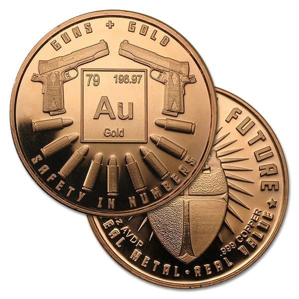 10 Copper “Guns and Gold” design Round – 1 AVDP Oz, .999 – BU Uncirculated