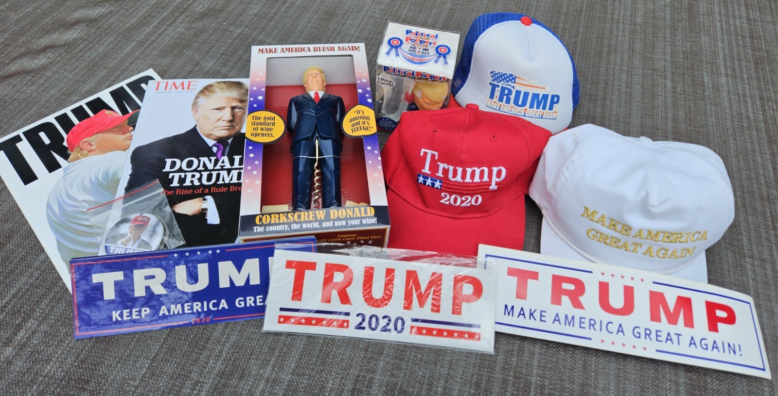 Trump Lot 14+ Mix. 3 Hats 1 Pin 2016, Multi Sticker’S, 2 Magazines 2 Fun Items