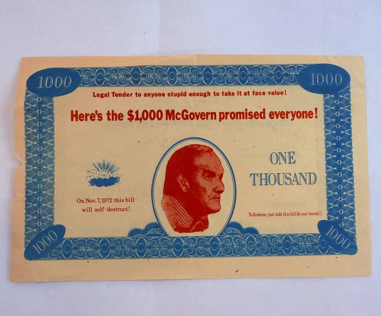 Vintage 1972 McGovern $1000 Bill Political Satire | Eagleton Promissory Note | E