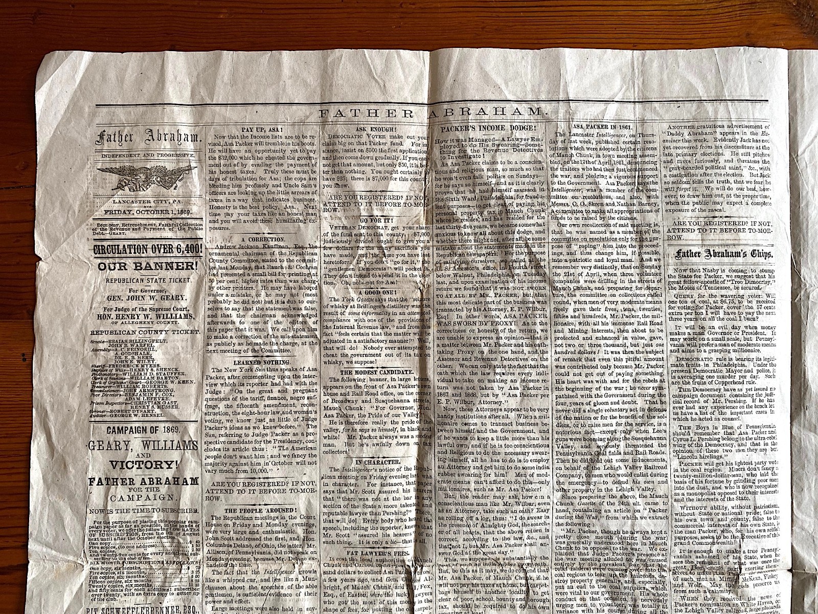 Father Abraham Lincoln 1869 Lancaster PA Political Campaign Newspaper U.S. Grant
