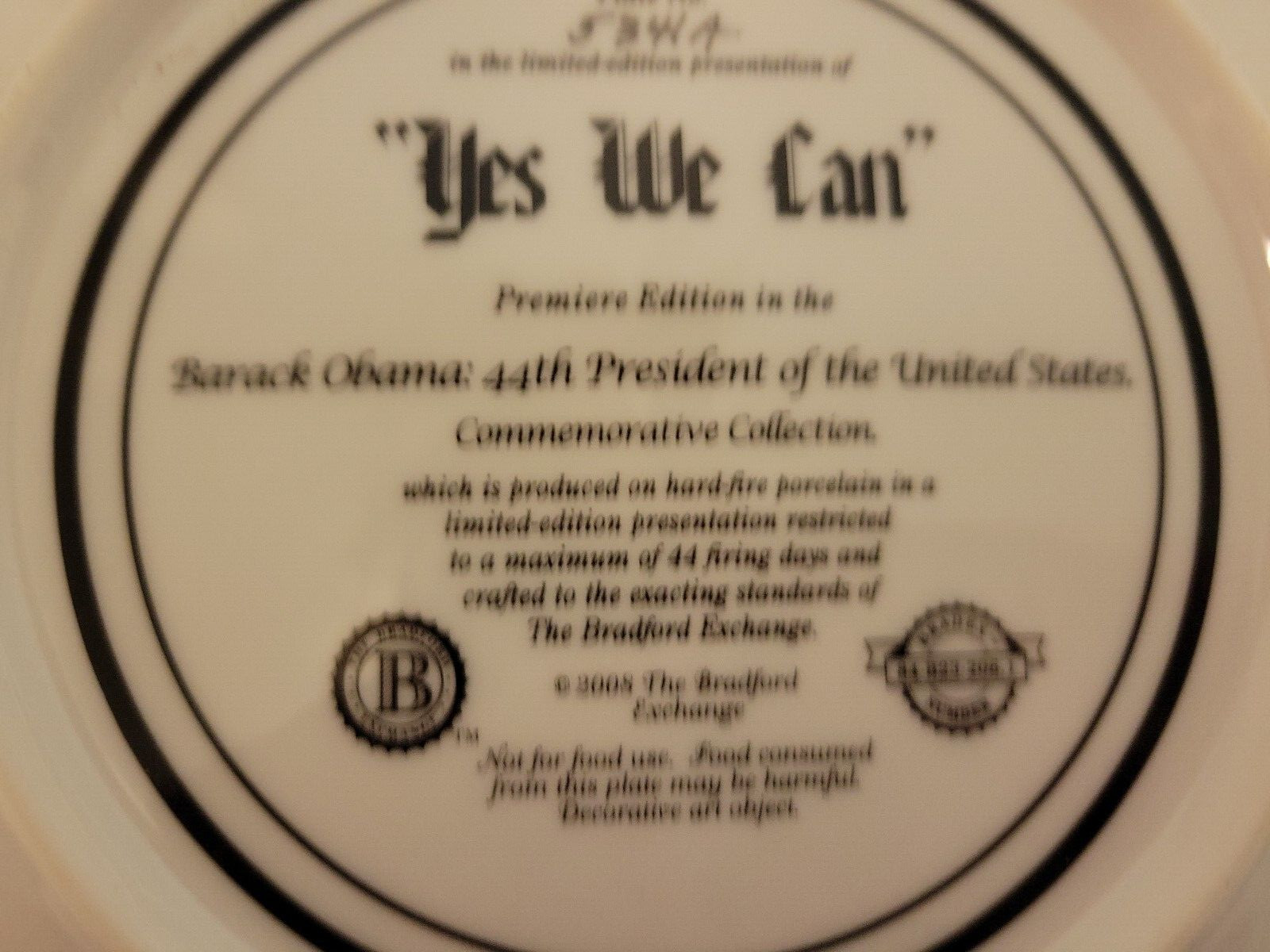 PRESIDENT BARACK OBAMA Bradford Exchange Limited Ed. YES WE CAN 2008 Plate