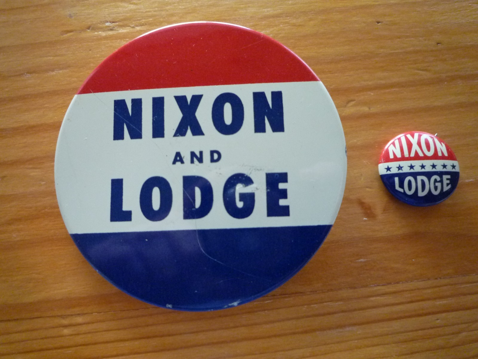 2 Political Campaign Buttons Pin Backs 1960 2 7/8″ and 3/16″ Nixon Lodge