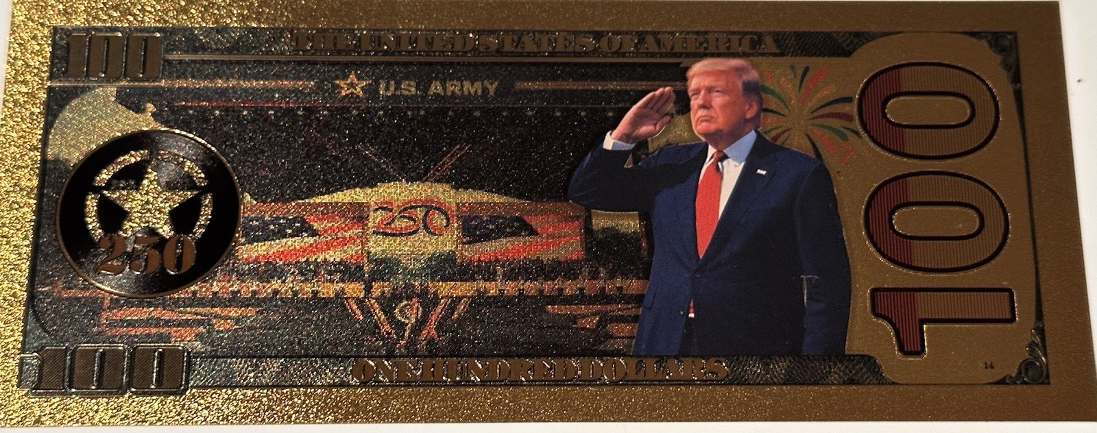 America 250 US Army Donald Trump/Melania 24K Gold Foil Note $100 Novelty Collect