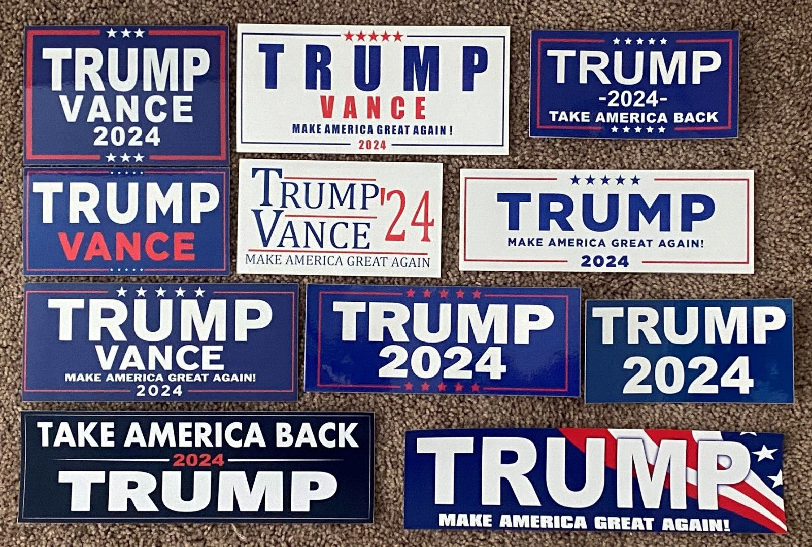 Set of 11 Different Donald Trump JD Vance For President 2024 Bumper Stickers