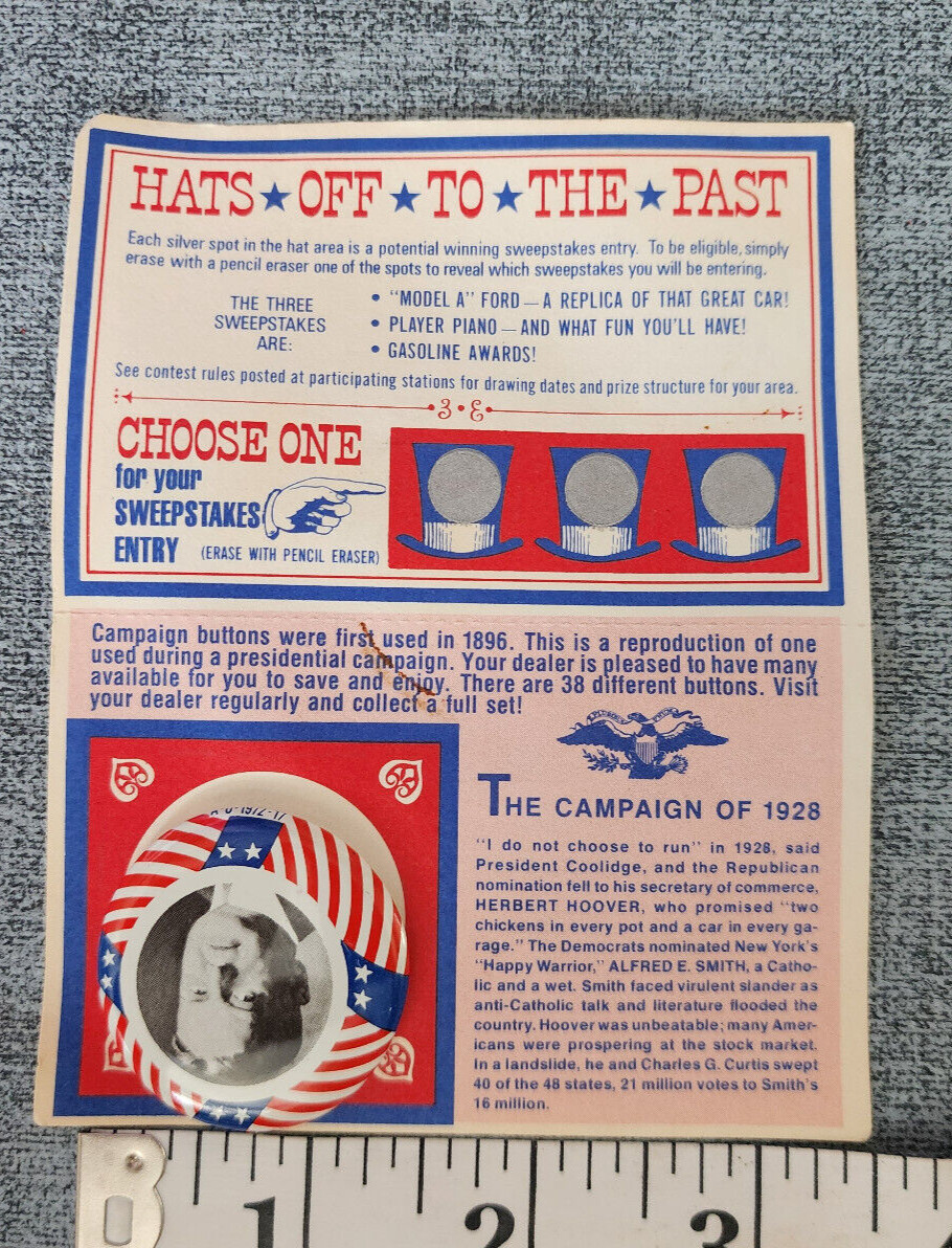 Vtg Hats Off To The Past Herbert Hoover Campaign of 1928 Pin And Scratch Card