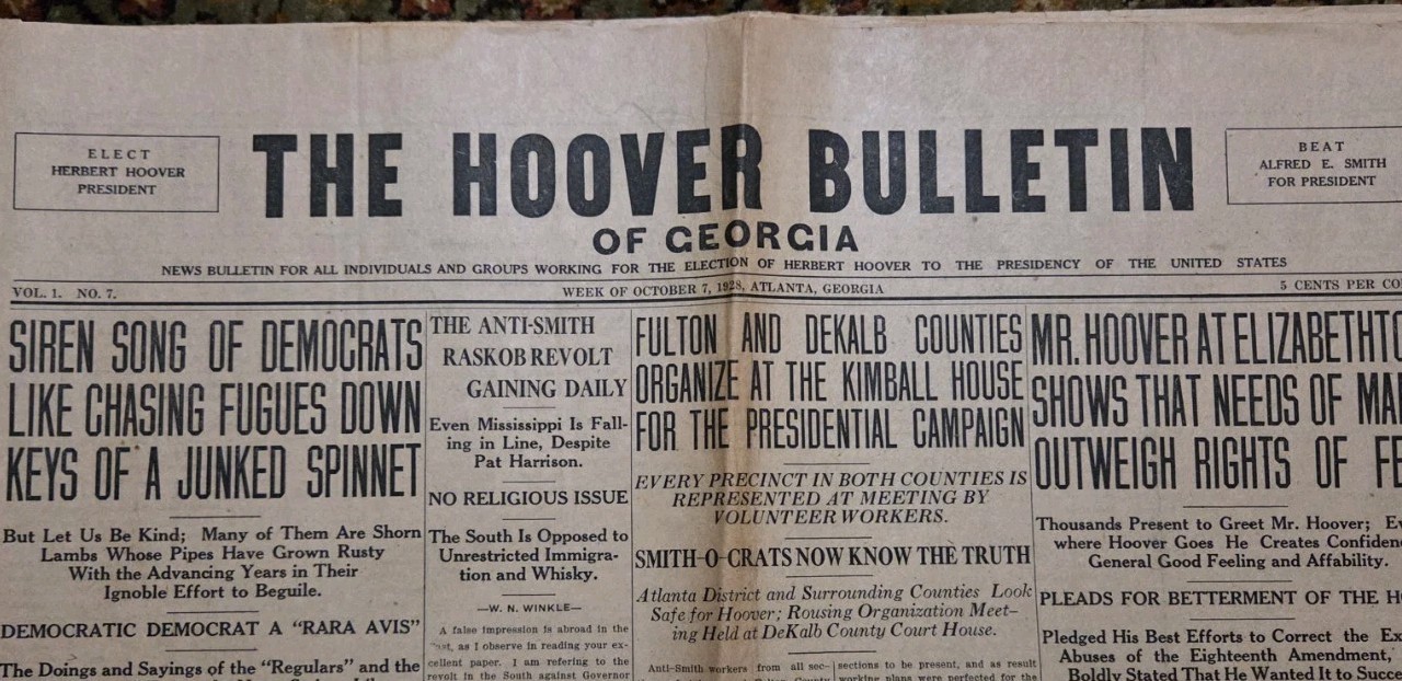 Rare Herbert Hoover 1928 Campaign Newspaper Targeting Georgia Residents