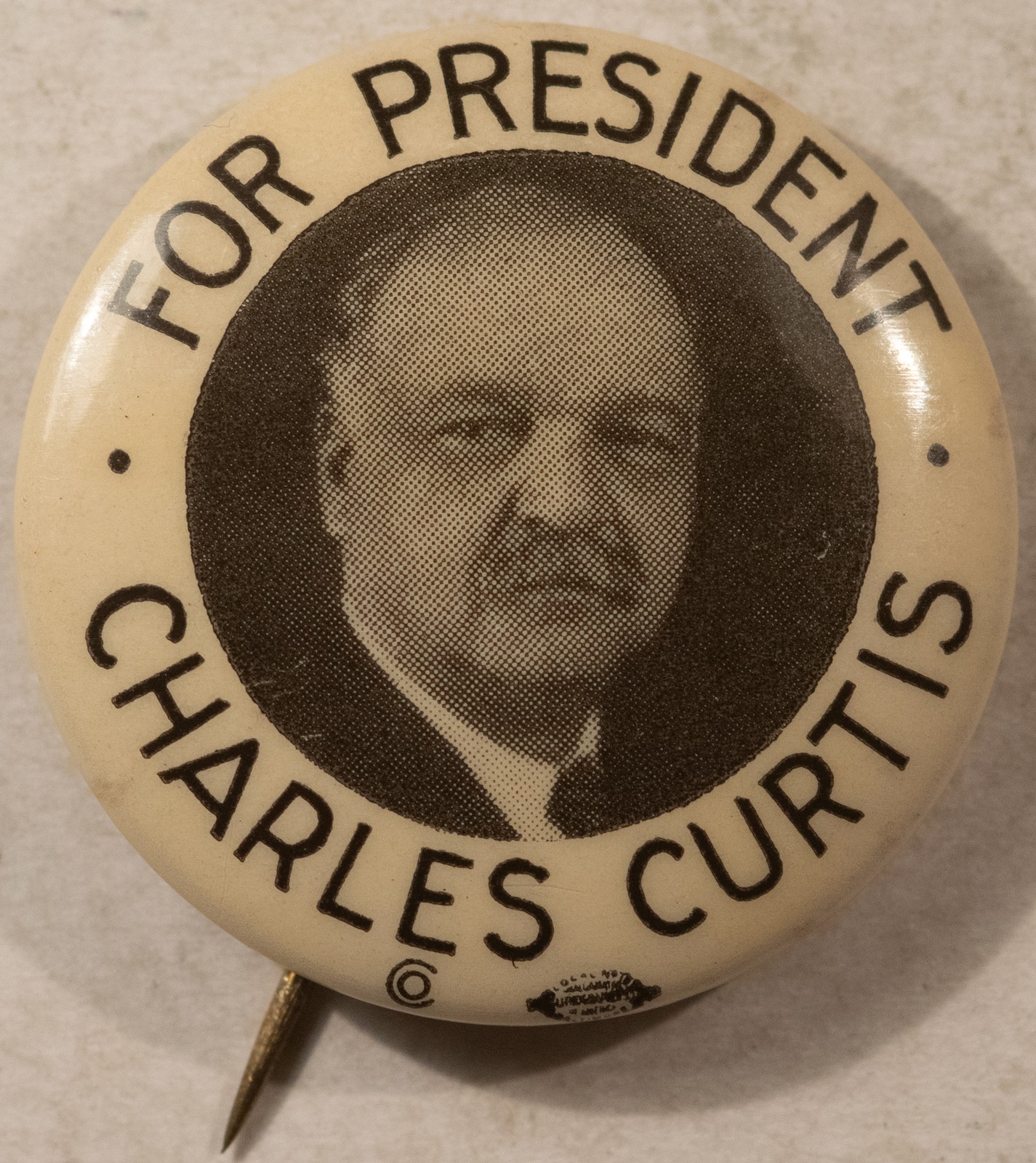 1928 CHARLES CURTIS 1 1/4″ CELLO CAMPAIGN BUTTON NATL EQUIPMENT, BK PAPER, MINT!