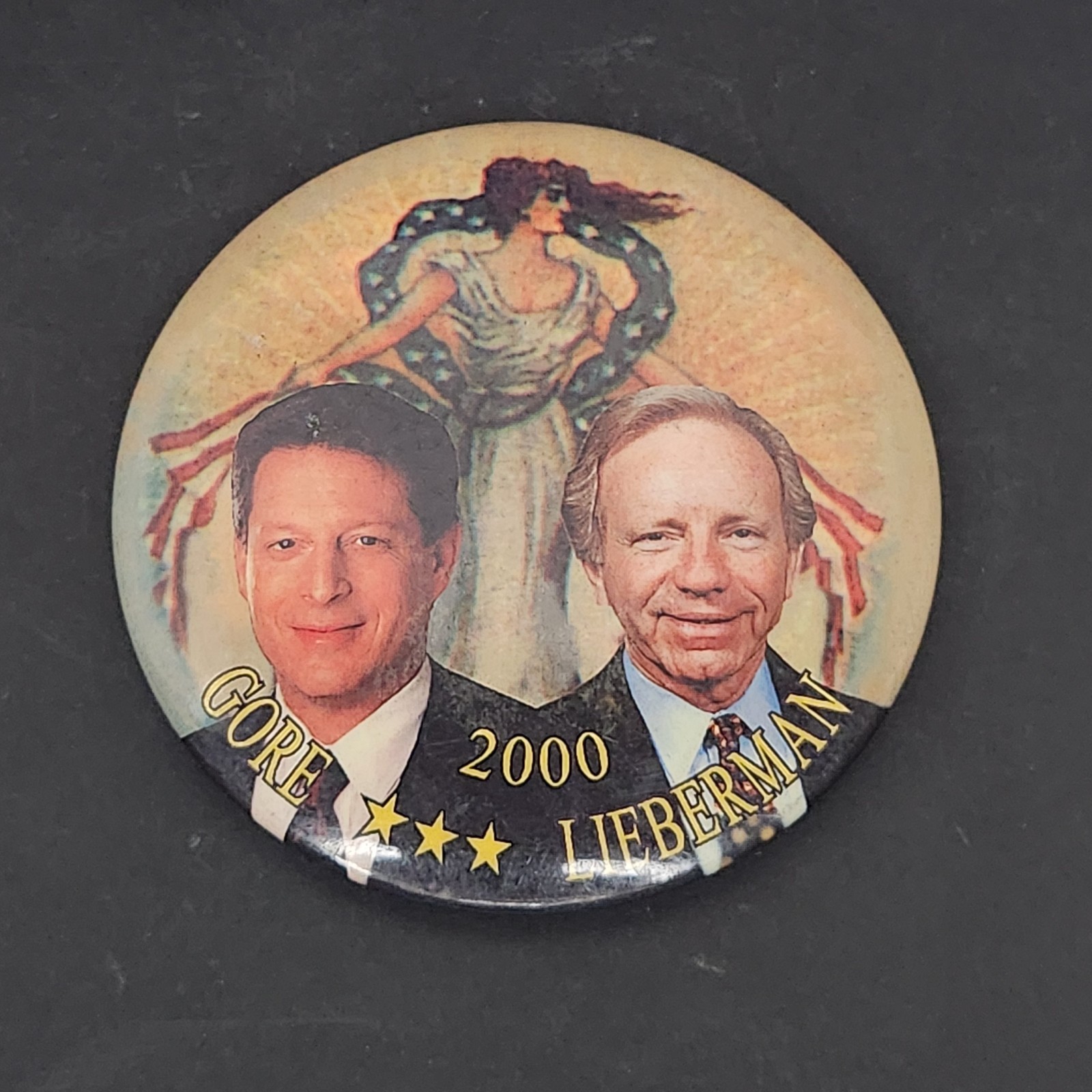 Gore Lieberman 2000 Lady Liberty Campaign Pin Button Political 3″