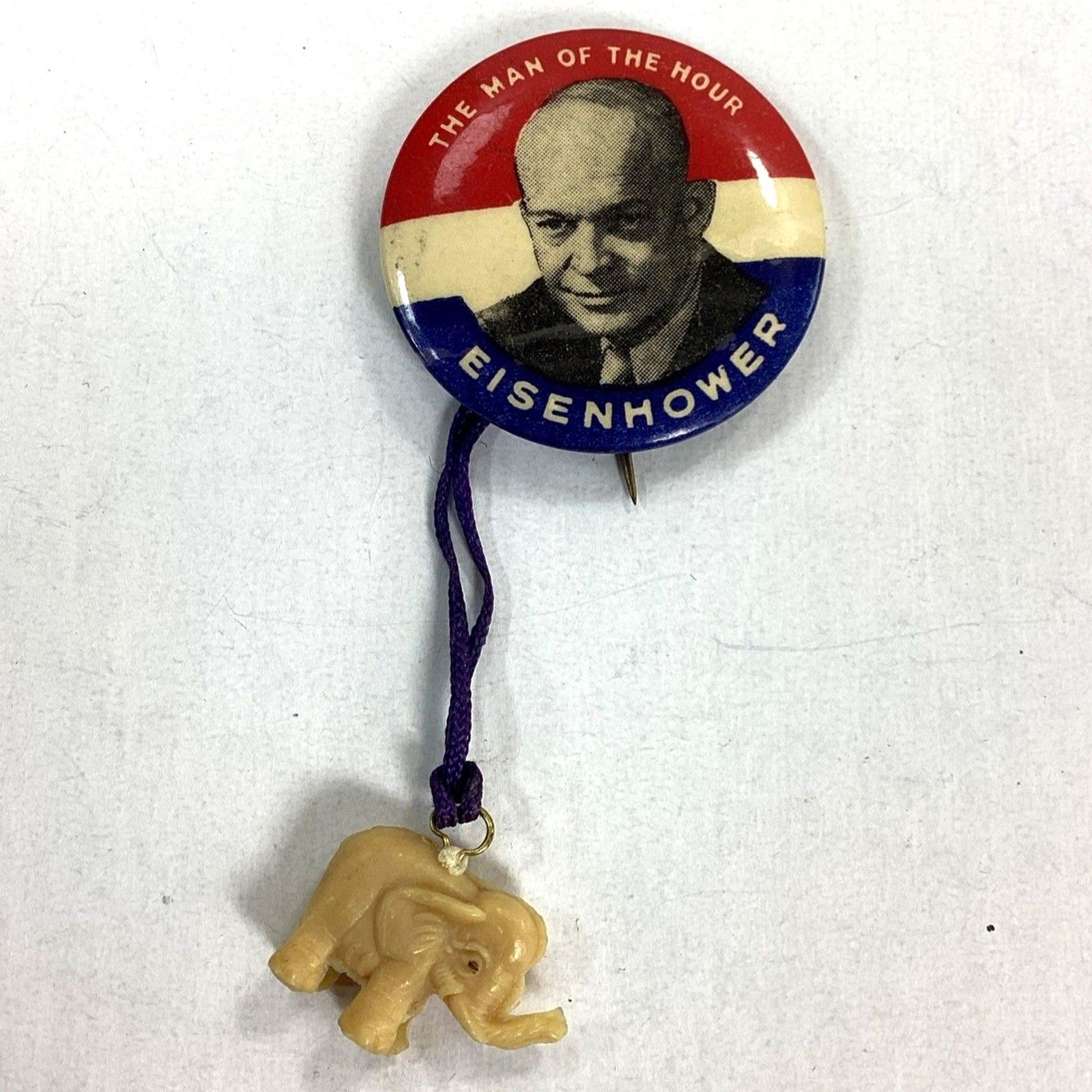 1952 Vtg Eisenhower Man Of The Hour Campaign Button Plastic Elephant Charm GOP