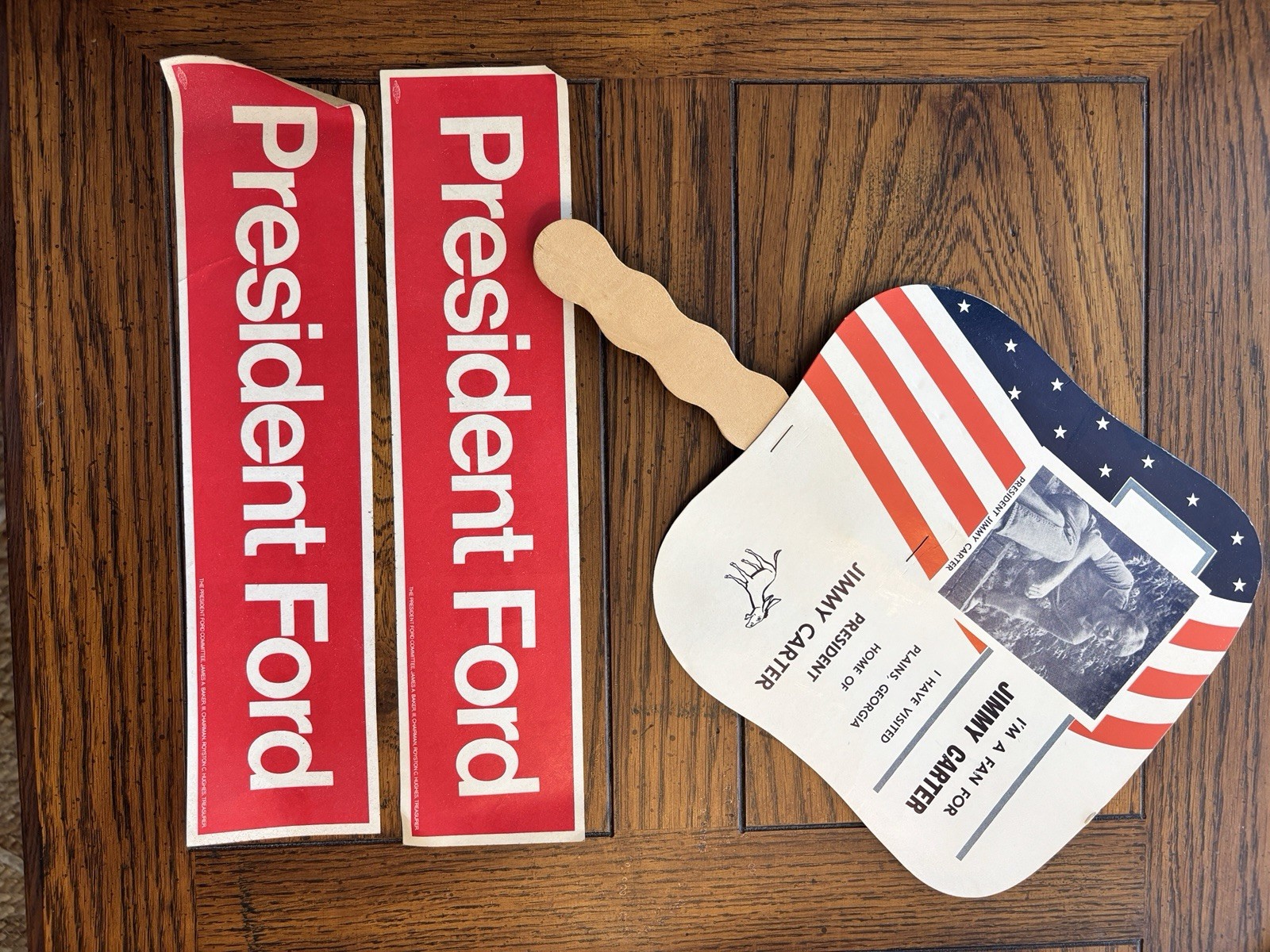 1976 Gerald Ford Presidential Campaign Paper Stickers & Jimmy Carter Hand Fan