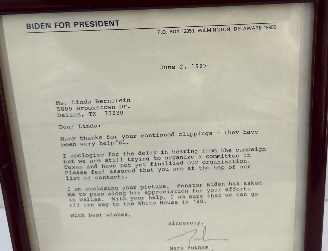 1987 Biden For President Campaign Letter Original Dallas TX Political