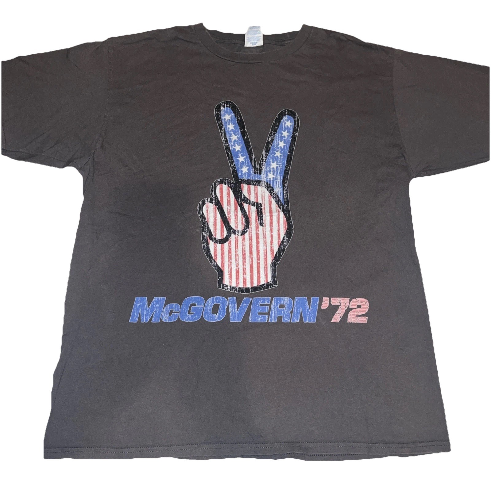 McGovern ‘72 President Red White & Blue US Flag Peace Sign Shirt Large Gray New