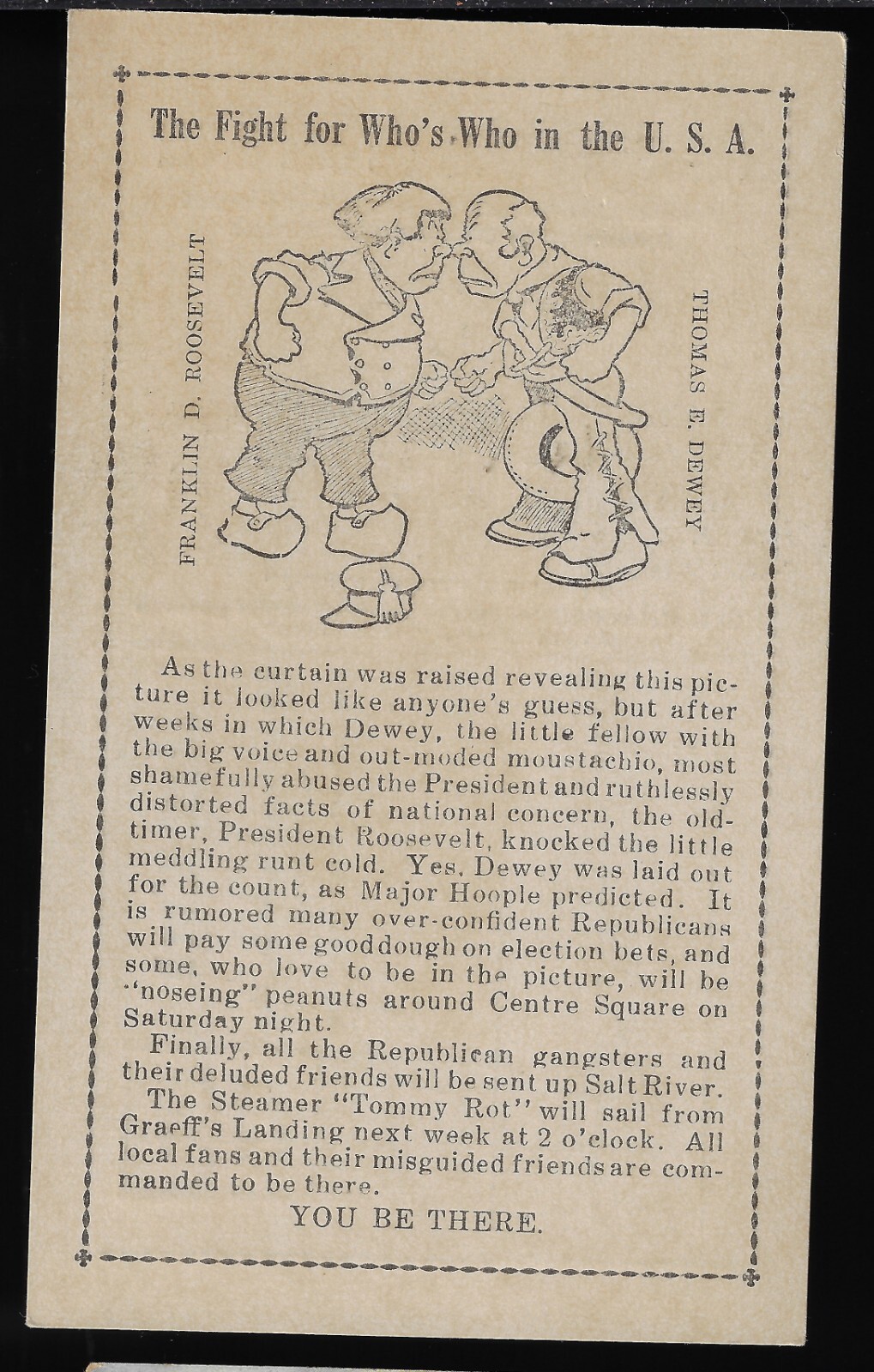 1944 Salt River FDR Prez Campaign Postcard anti-Dewey Bricker Steamer Tommy Rot