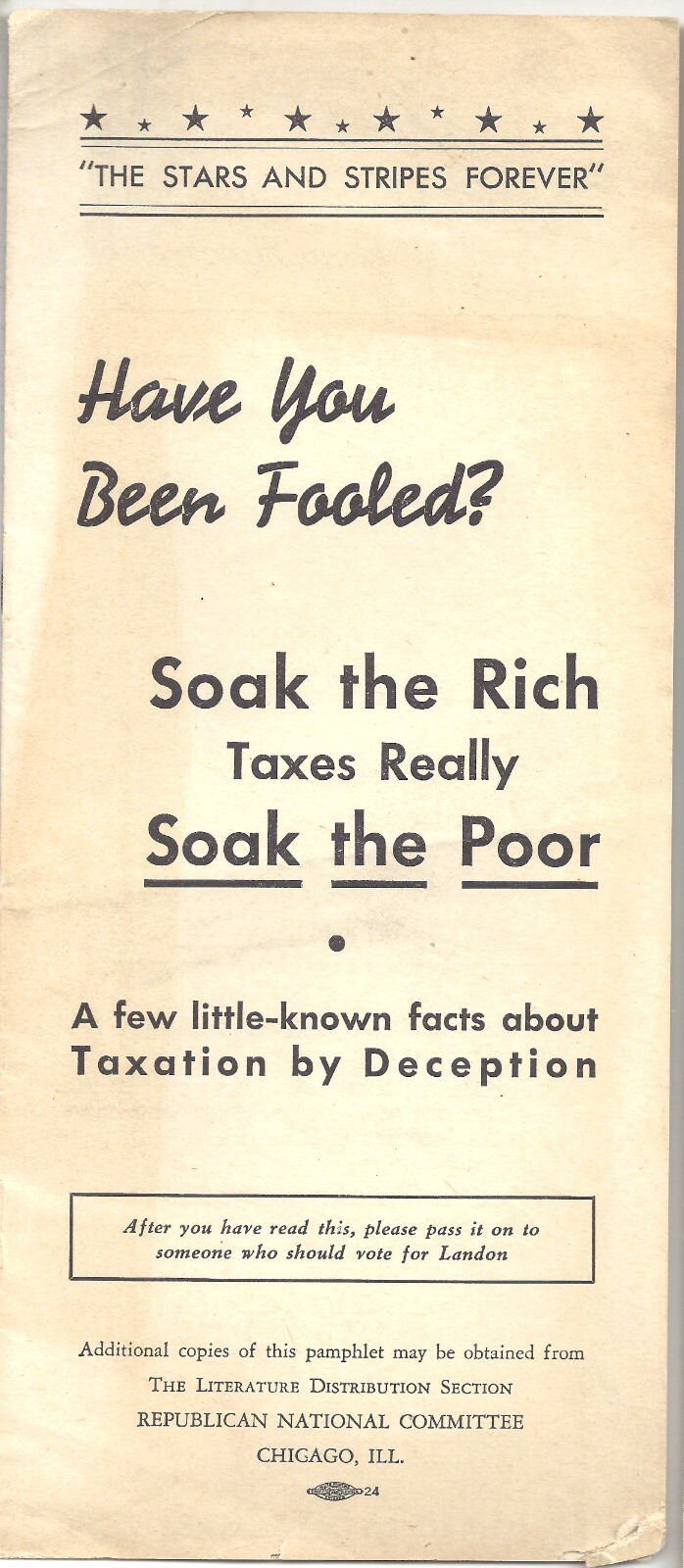 1936 Pro Alf Landon Pamphlet ~ SOAK The RICH & The POOR ~ TAXATION By DECEPTION