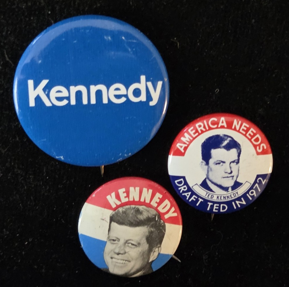 Lot of 3 Kennedy Bros. JFK Bobby RFK & Ted EMK 1960-72 Political Pins Buttons M8