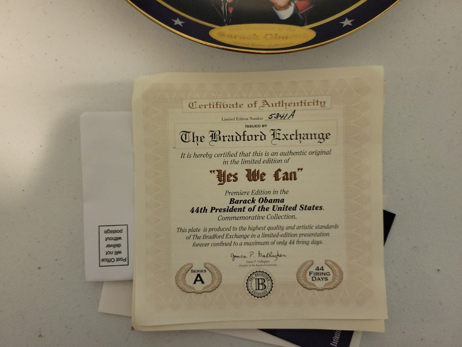 PRESIDENT BARACK OBAMA Bradford Exchange Limited Ed. YES WE CAN 2008 Plate